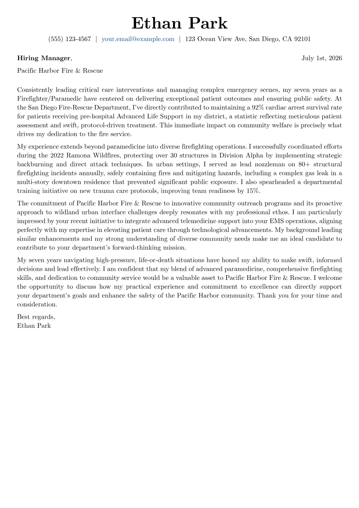 Fire Service cover letter formatted with a JobSprout template