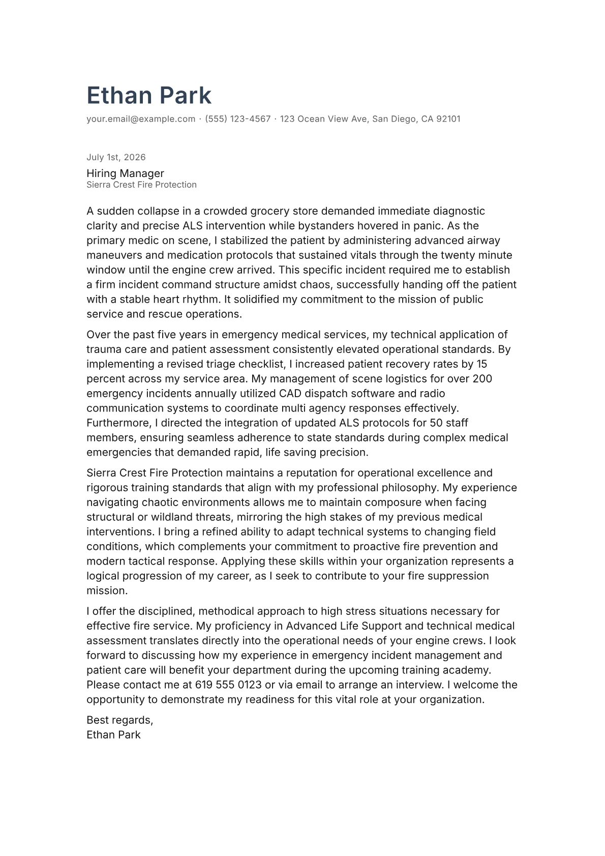 Fire Service cover letter in the Minimal design