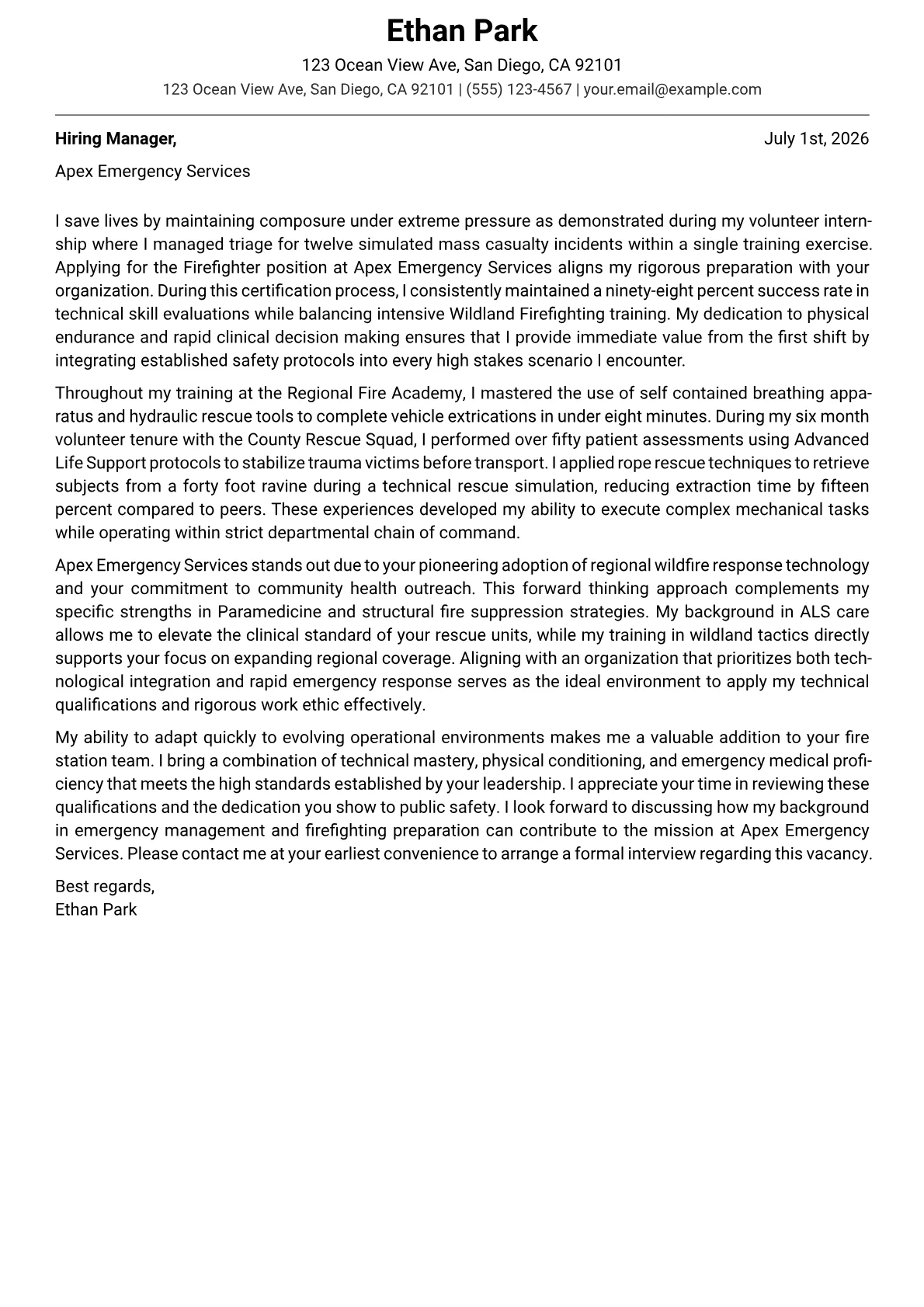 Fire Service cover letter in the Modern design