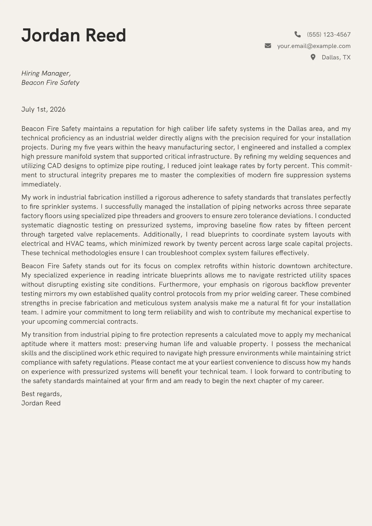 Fire Sprinkler Technician cover letter in the Creative design