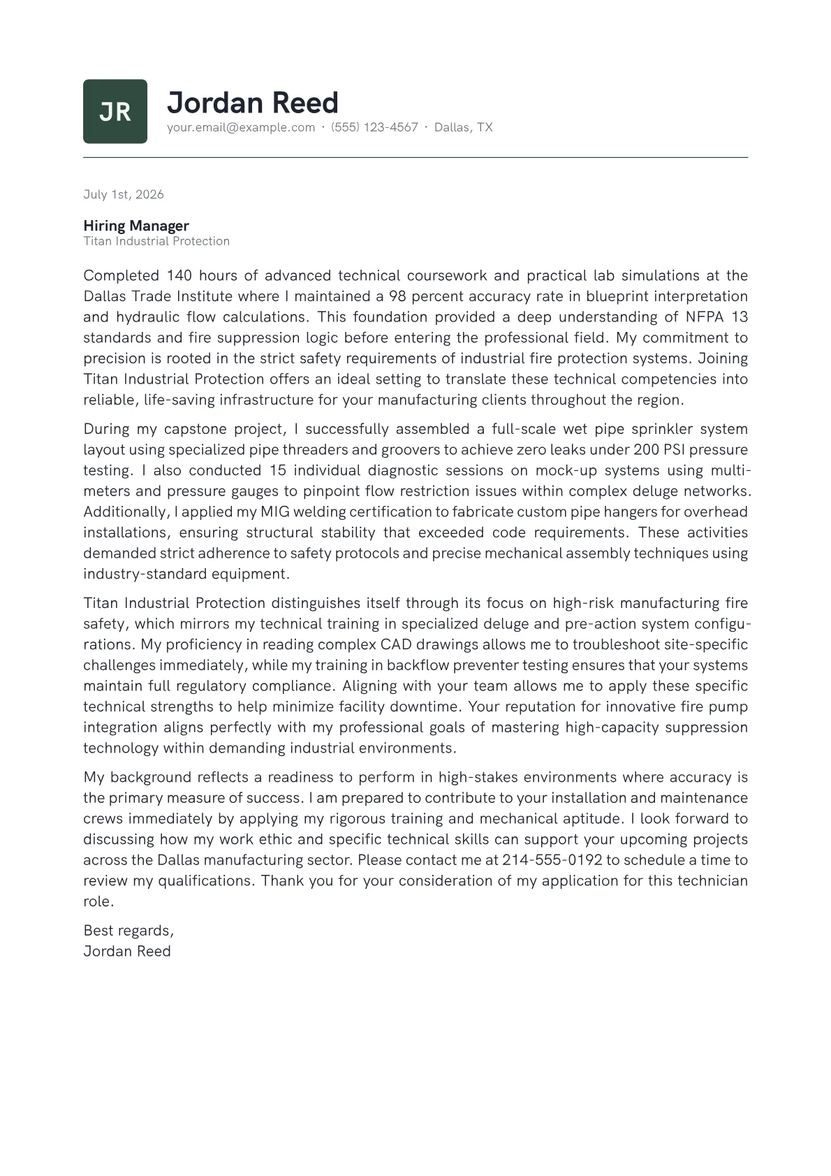 Fire Sprinkler Technician cover letter in the Emblem design