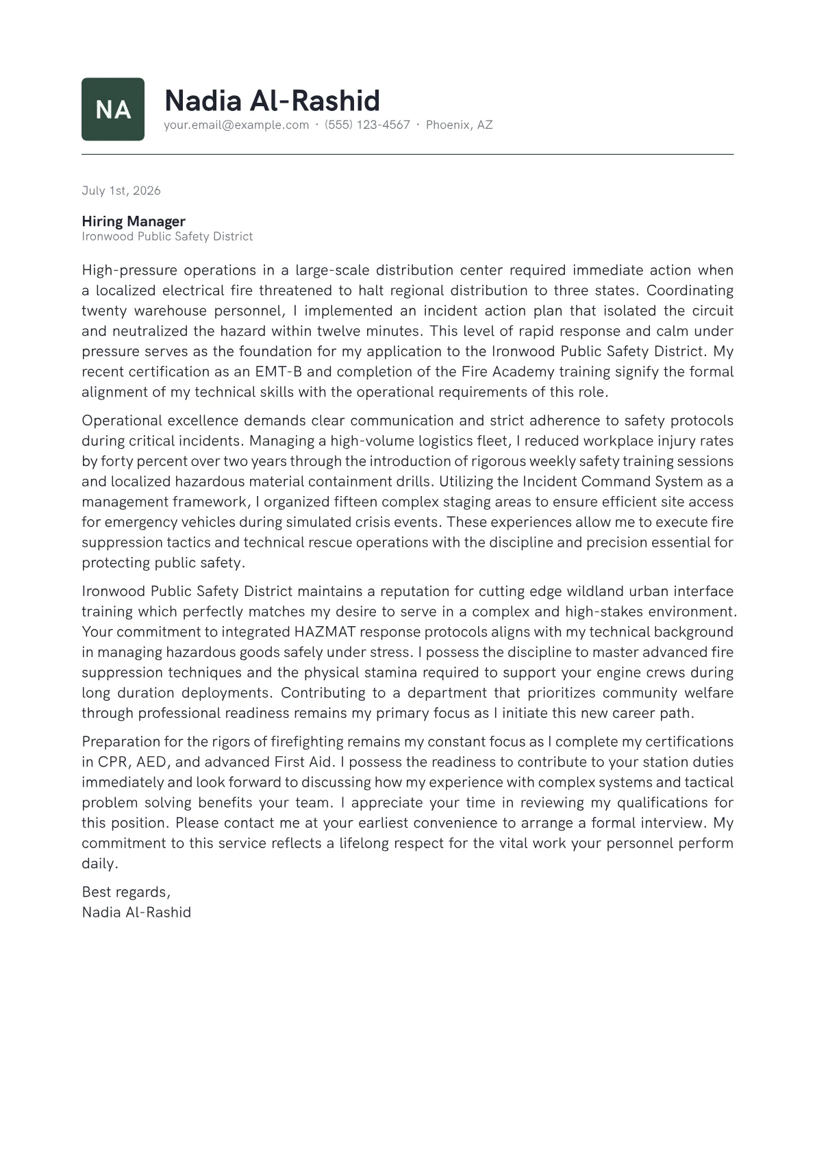 Firefighter cover letter in the Emblem design