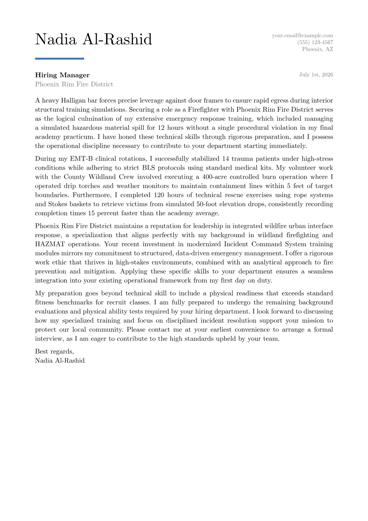 Firefighter cover letter in the Executive design