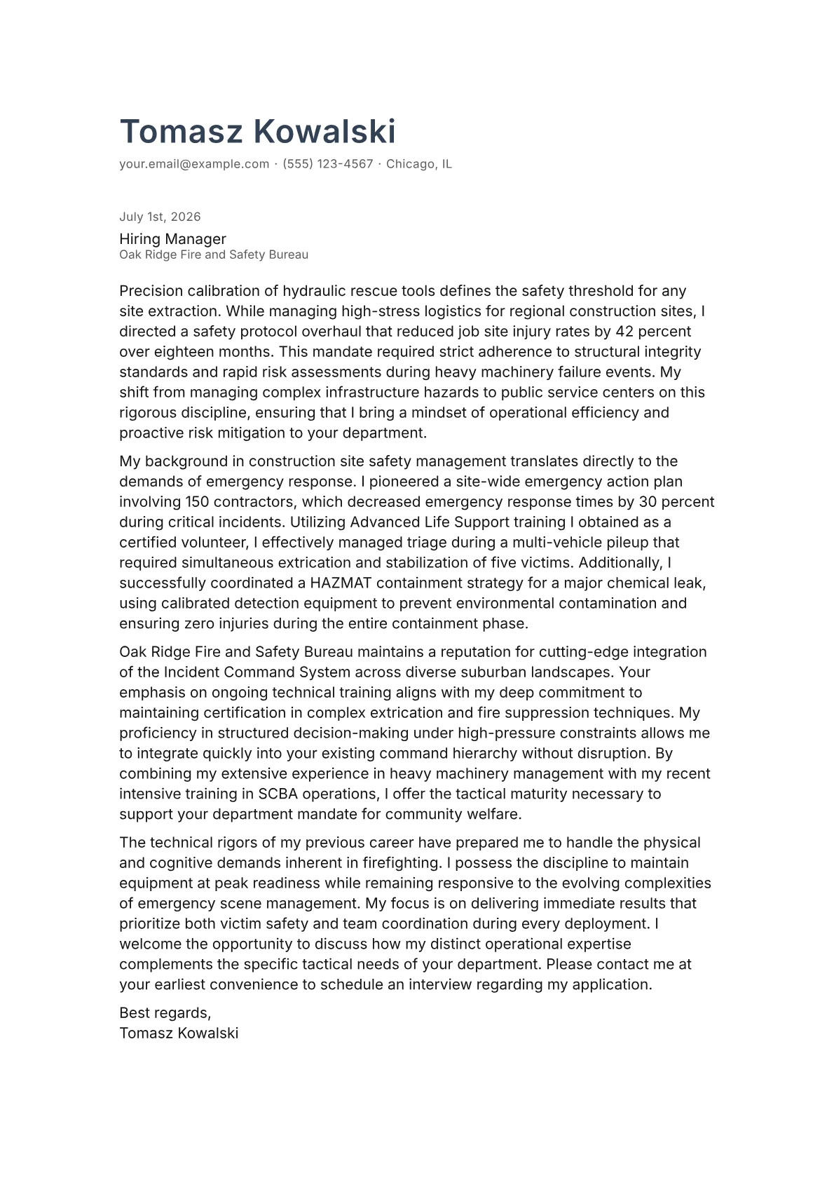 Fireman cover letter in the Minimal design