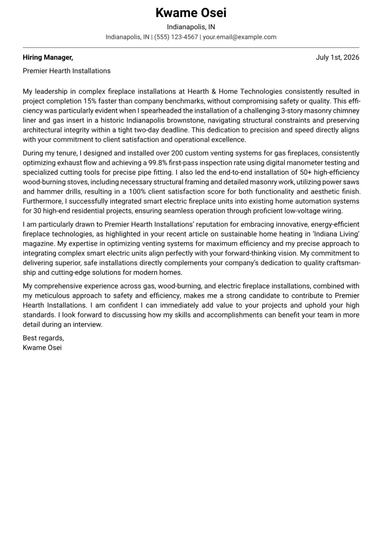 Fireplace Installer cover letter example preview