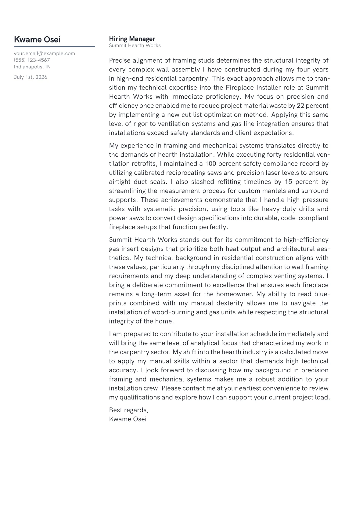 Fireplace Installer cover letter in the Margin design