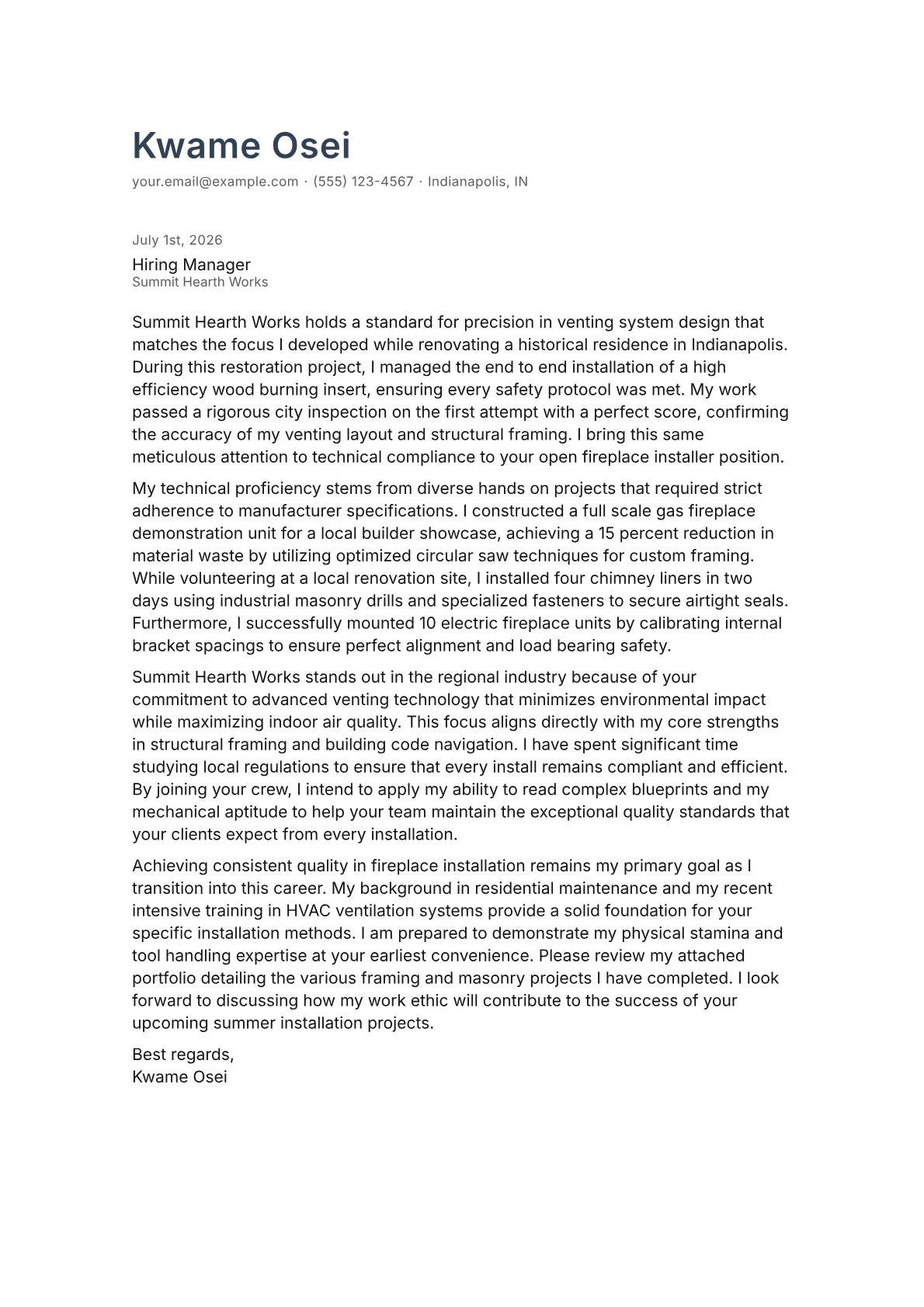 Fireplace Installer cover letter in the Minimal design