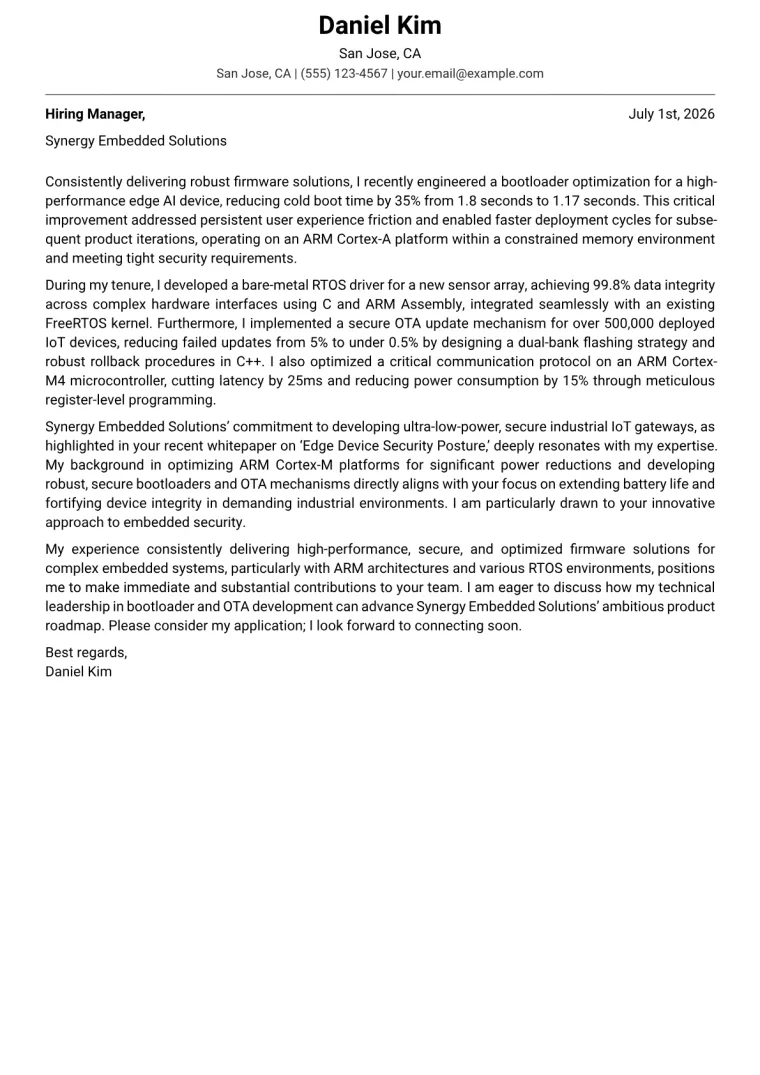Firmware Engineer cover letter example preview