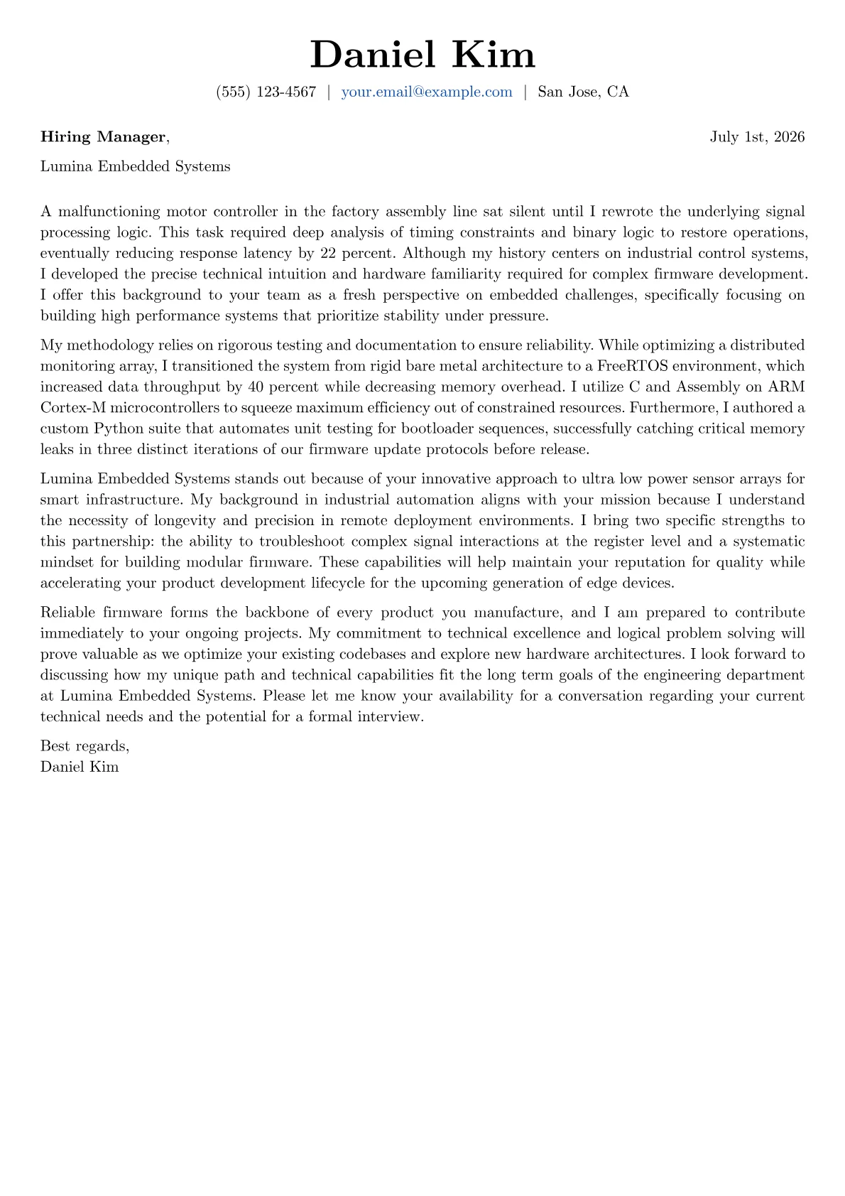 Firmware Engineer cover letter in the Basic design