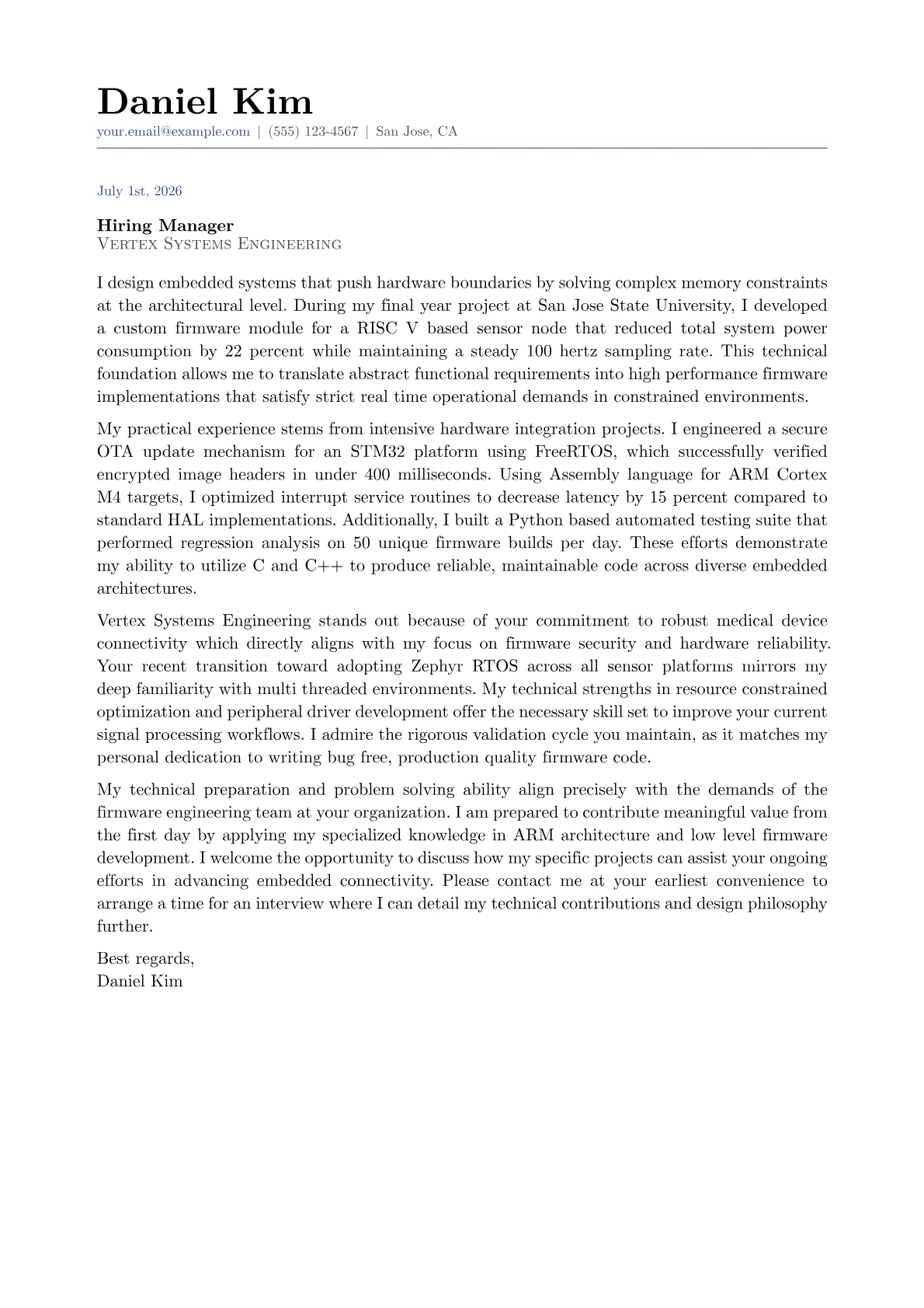 Firmware Engineer cover letter in the Classic design