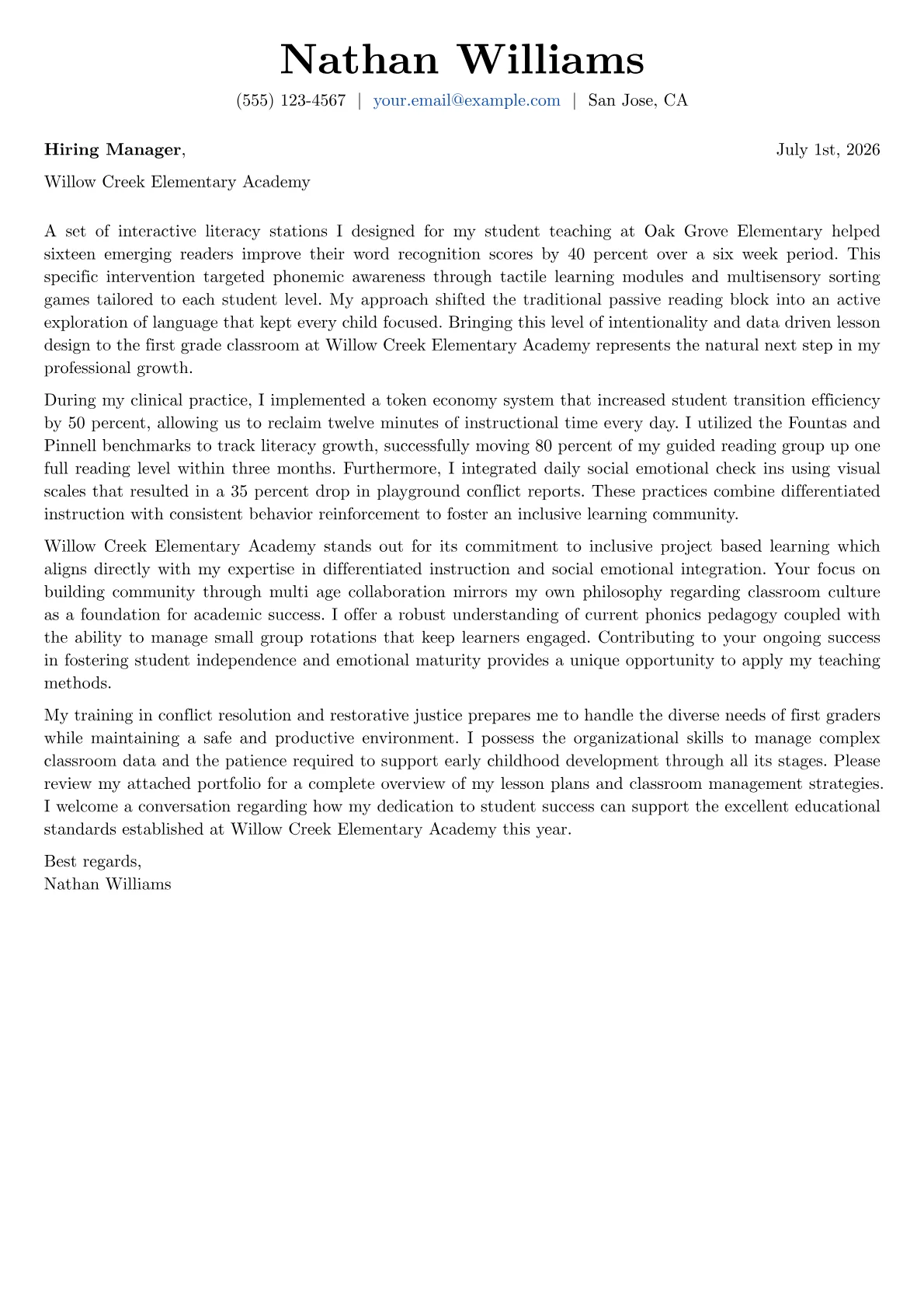First Grade Teacher cover letter in the Basic design