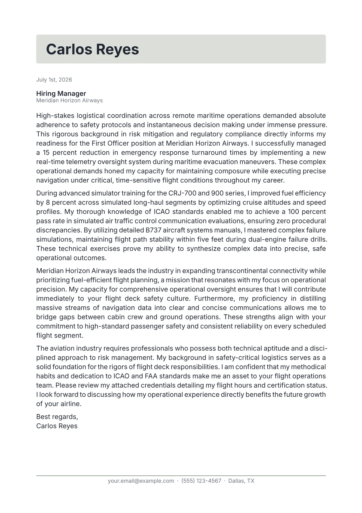 First Officer Airline cover letter in the Letterhead design