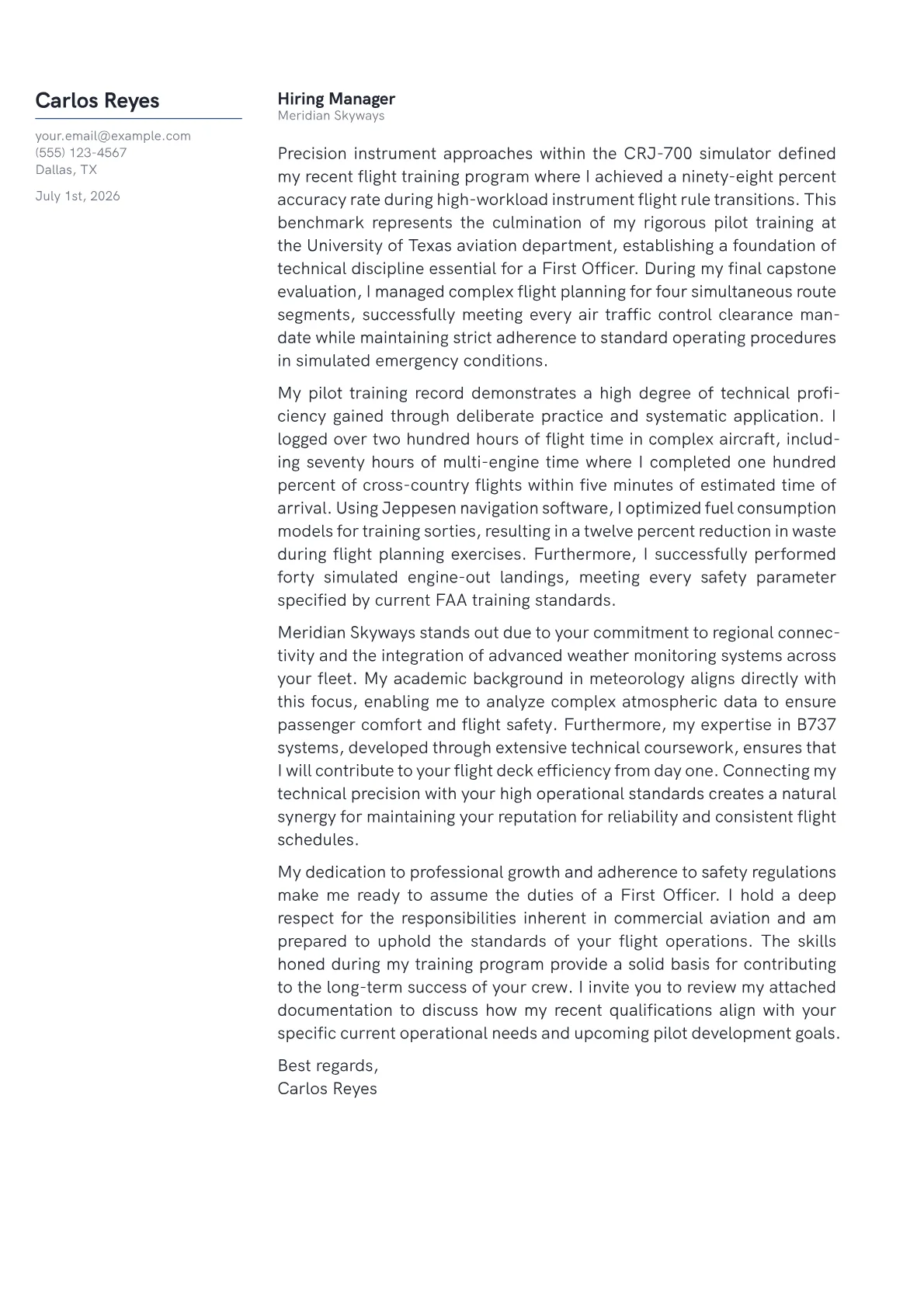 First Officer Airline cover letter in the Margin design