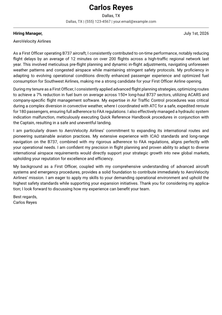 First Officer Airline Cover Letter Example