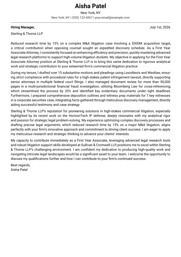 First Year Associate Attorney cover letter example preview