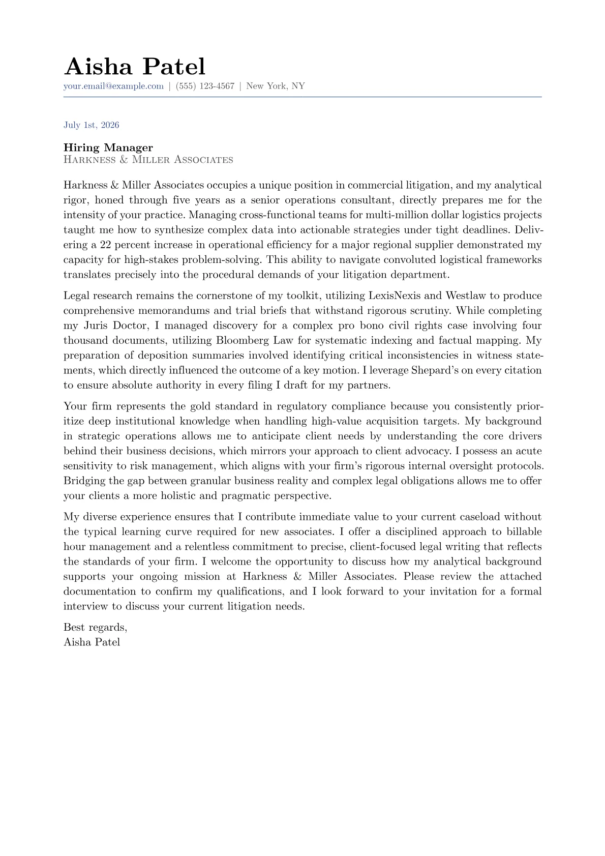 First Year Associate Attorney cover letter in the Classic design