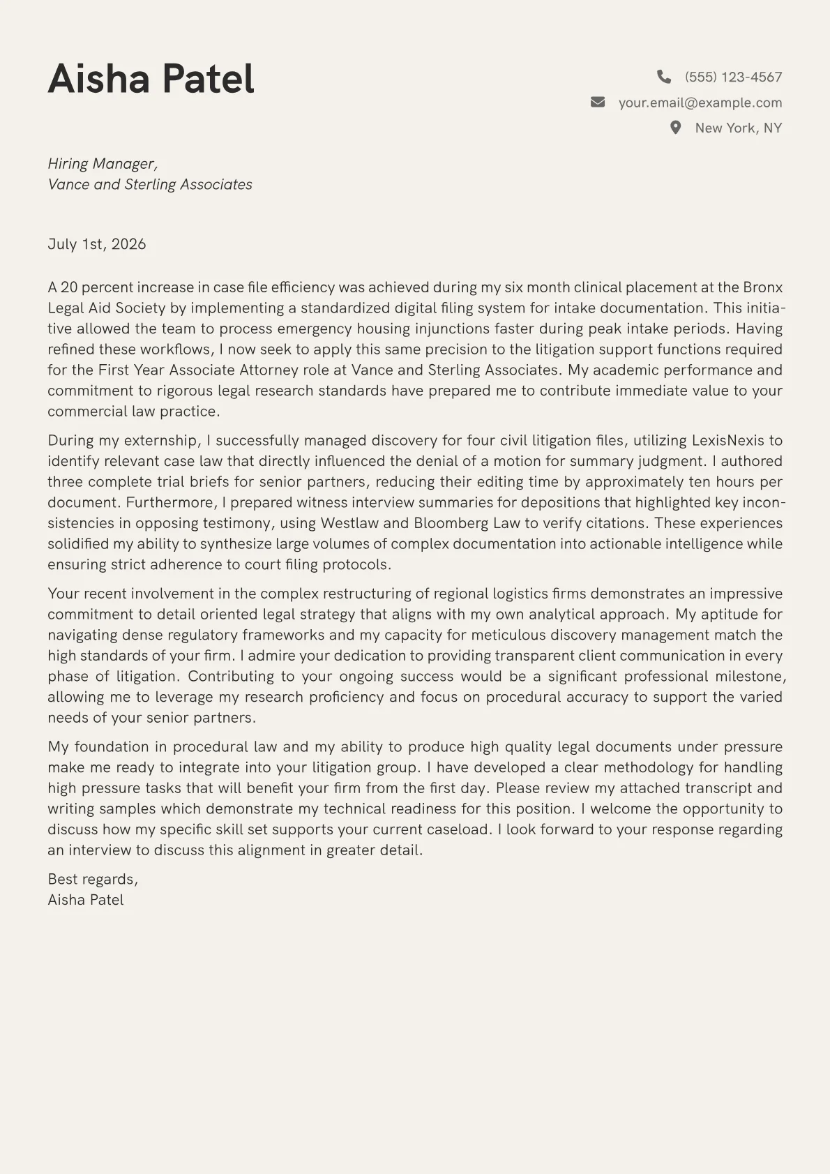 First Year Associate Attorney cover letter in the Creative design