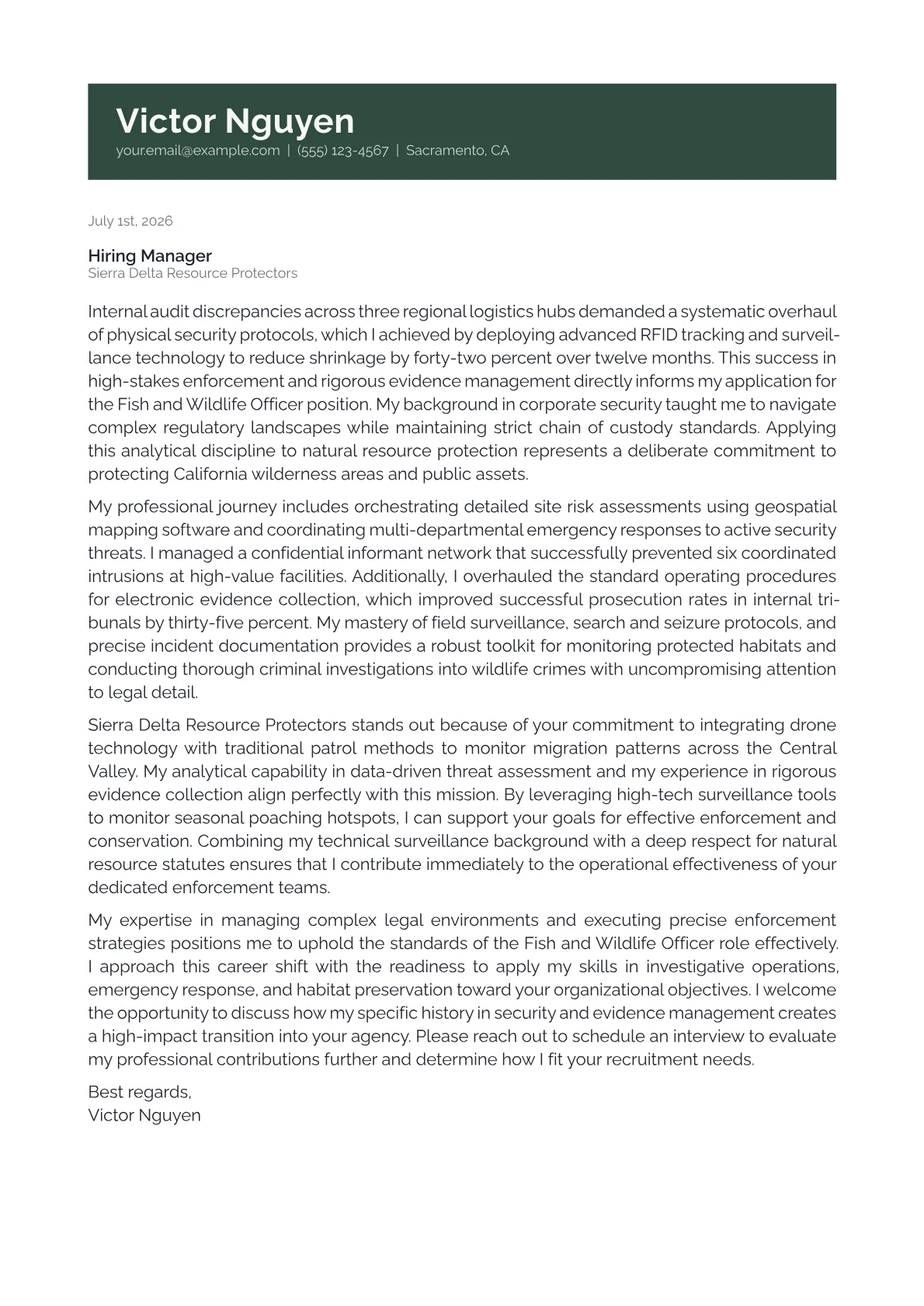 Fish and Wildlife Officer cover letter in the Banner design