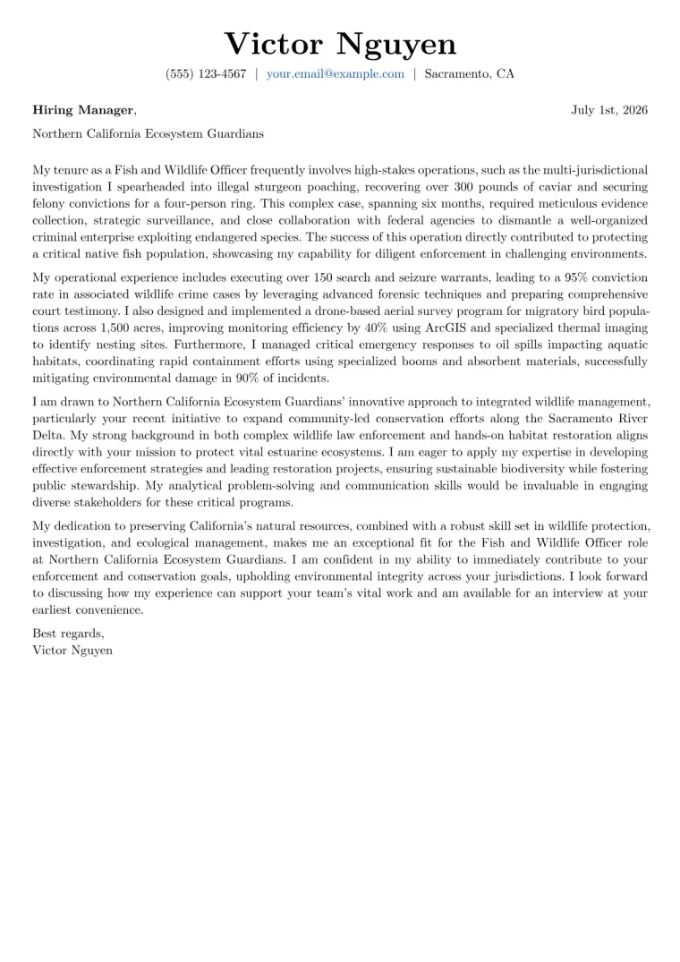 Fish and Wildlife Officer Cover Letter Example