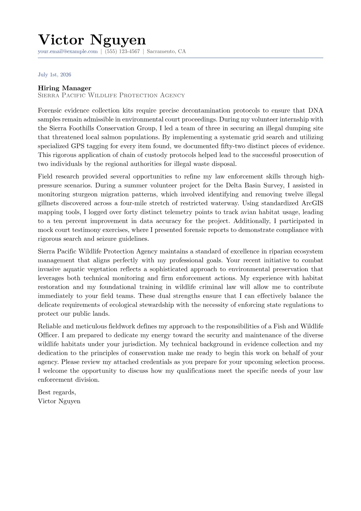 Fish and Wildlife Officer cover letter in the Classic design