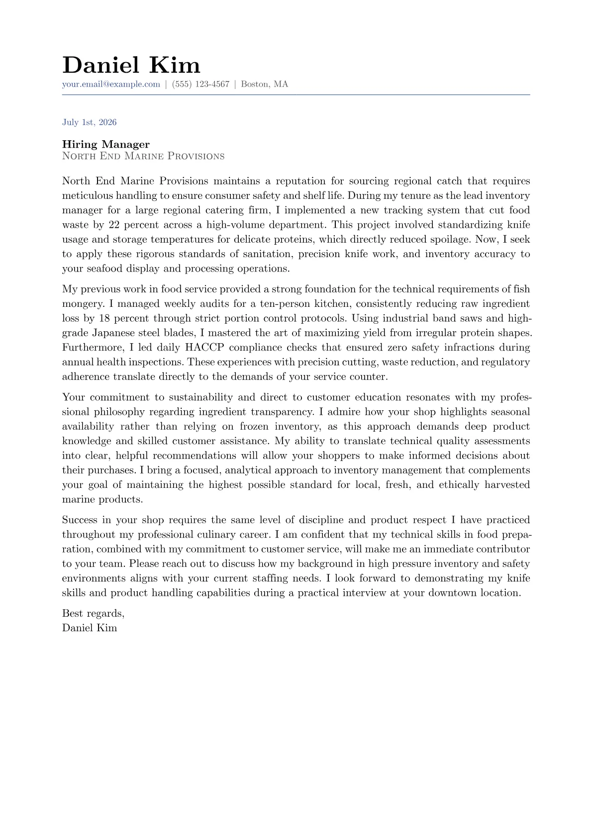 Fish Monger cover letter in the Classic design