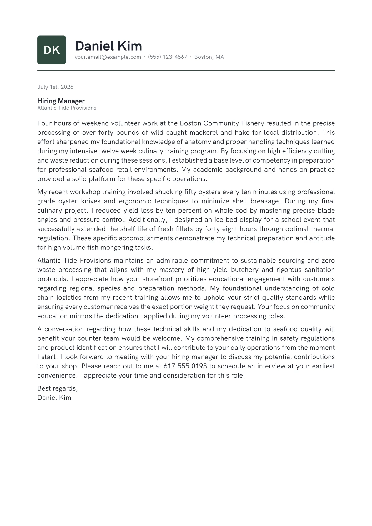 Fish Monger cover letter in the Emblem design