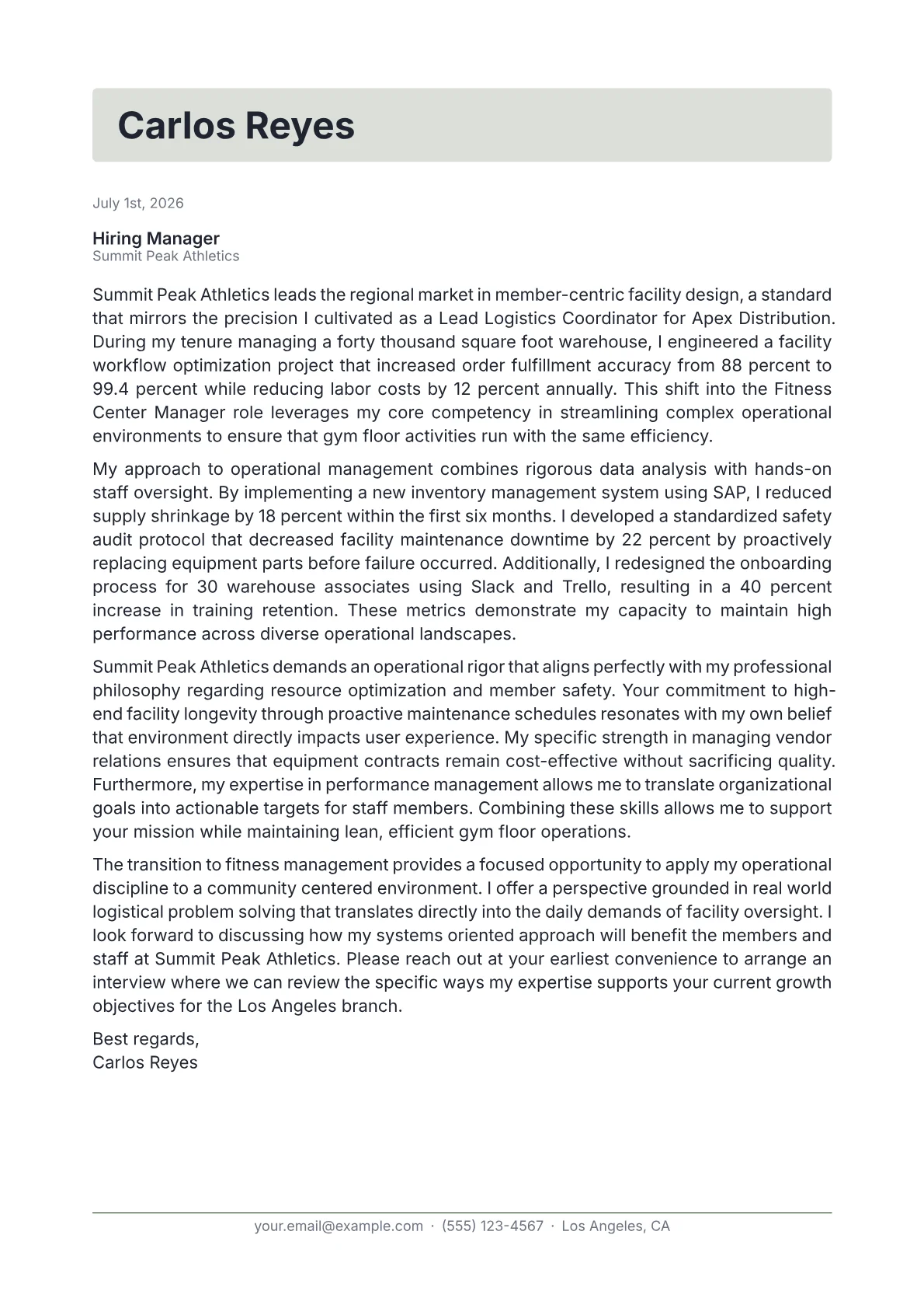 Fitness Center Manager cover letter in the Letterhead design