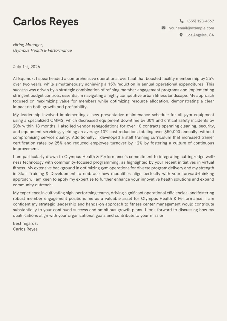 Fitness Center Manager cover letter example preview