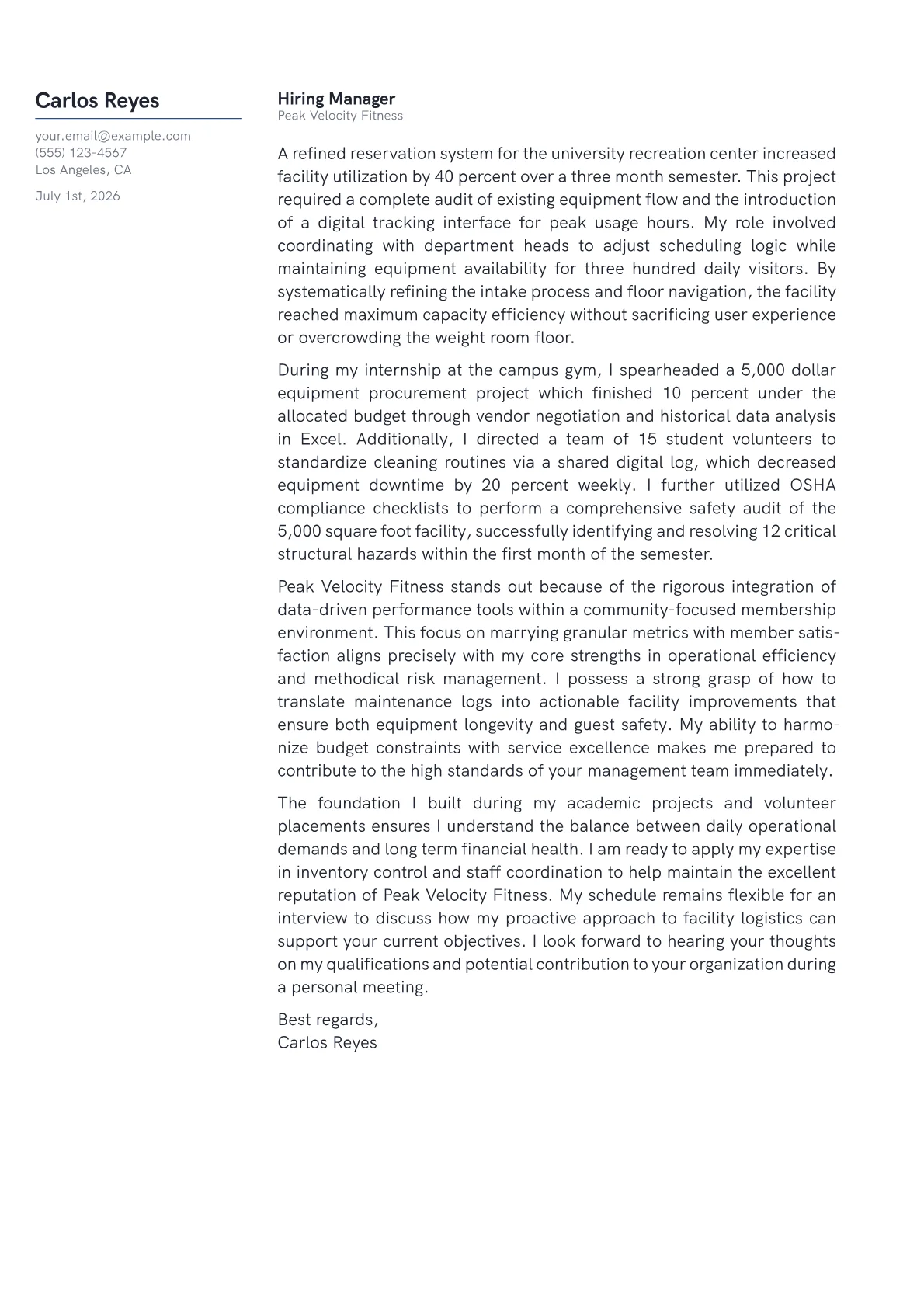 Fitness Center Manager cover letter in the Margin design