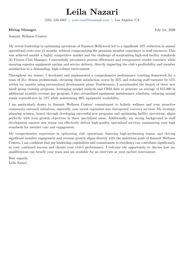 Fitness Club Manager cover letter example preview