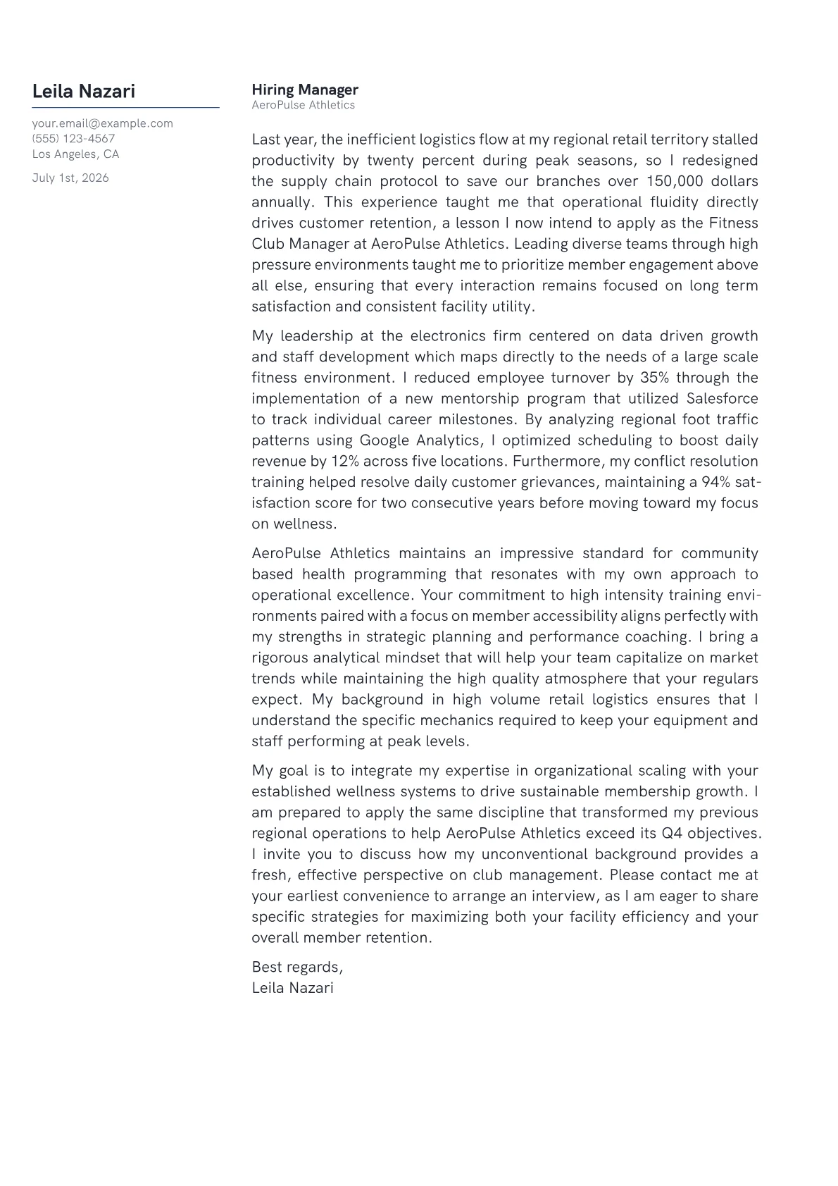 Fitness Club Manager cover letter in the Margin design