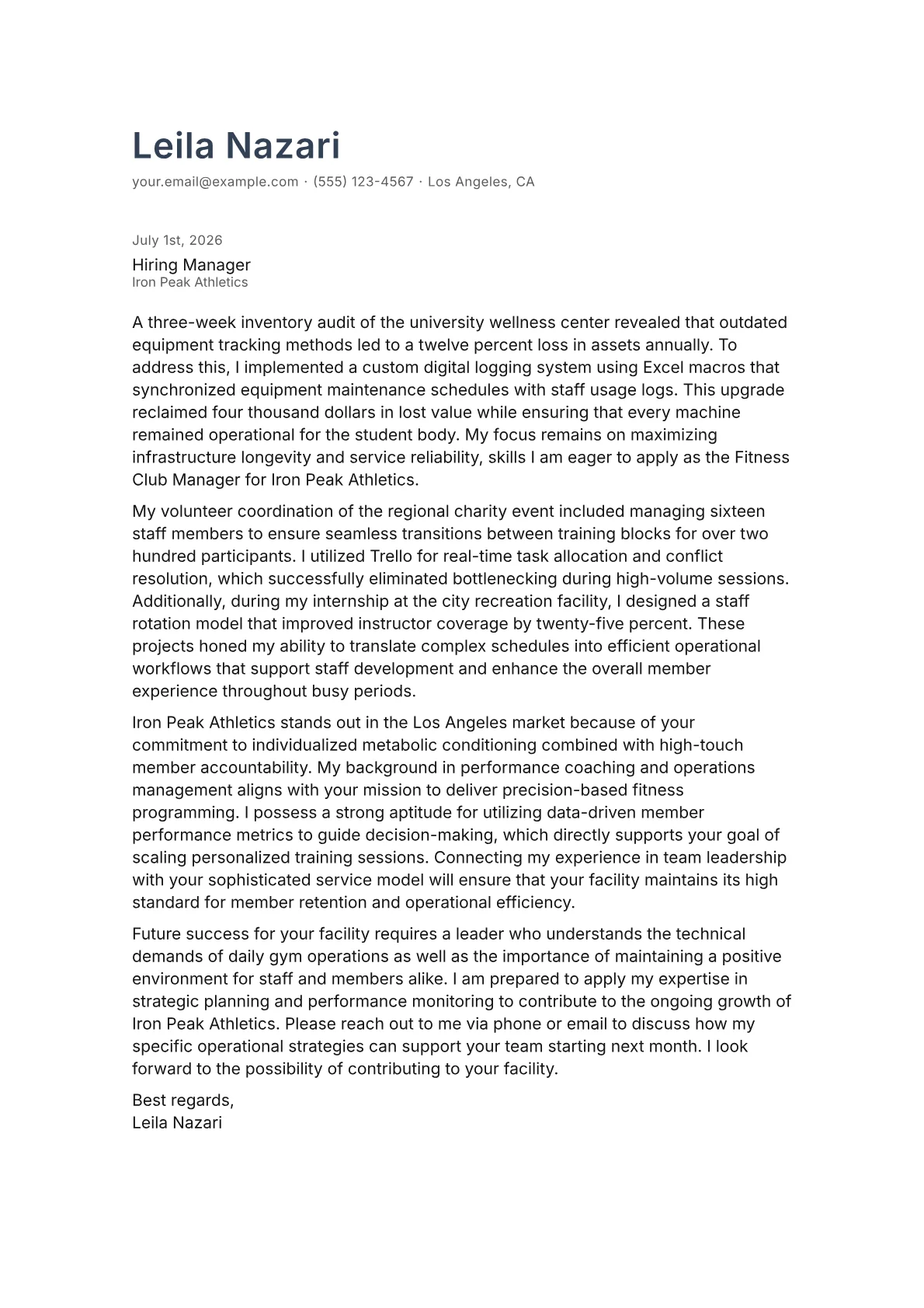 Fitness Club Manager cover letter in the Minimal design