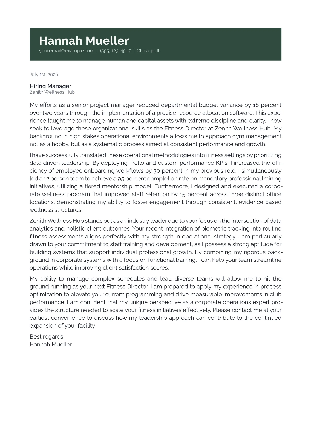Fitness Director cover letter in the Banner design