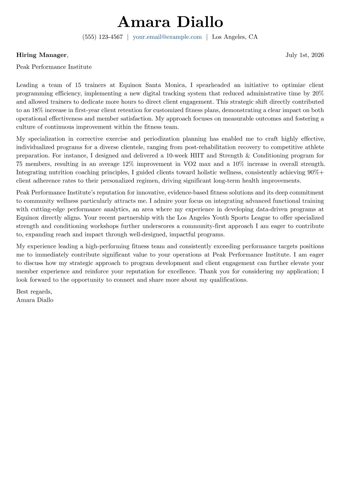 Fitness Industry cover letter formatted with a JobSprout template