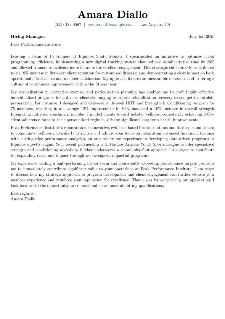 Fitness Industry cover letter example preview