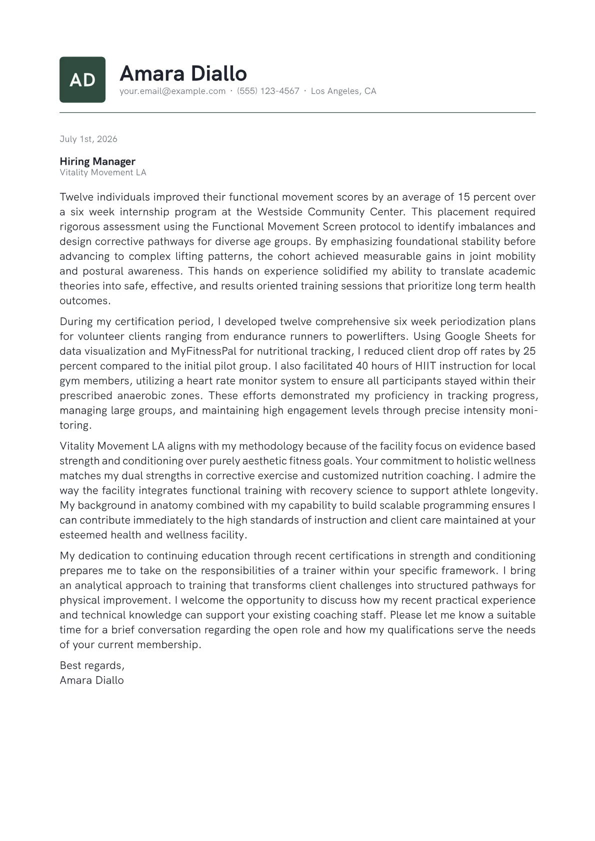 Fitness Industry cover letter in the Emblem design