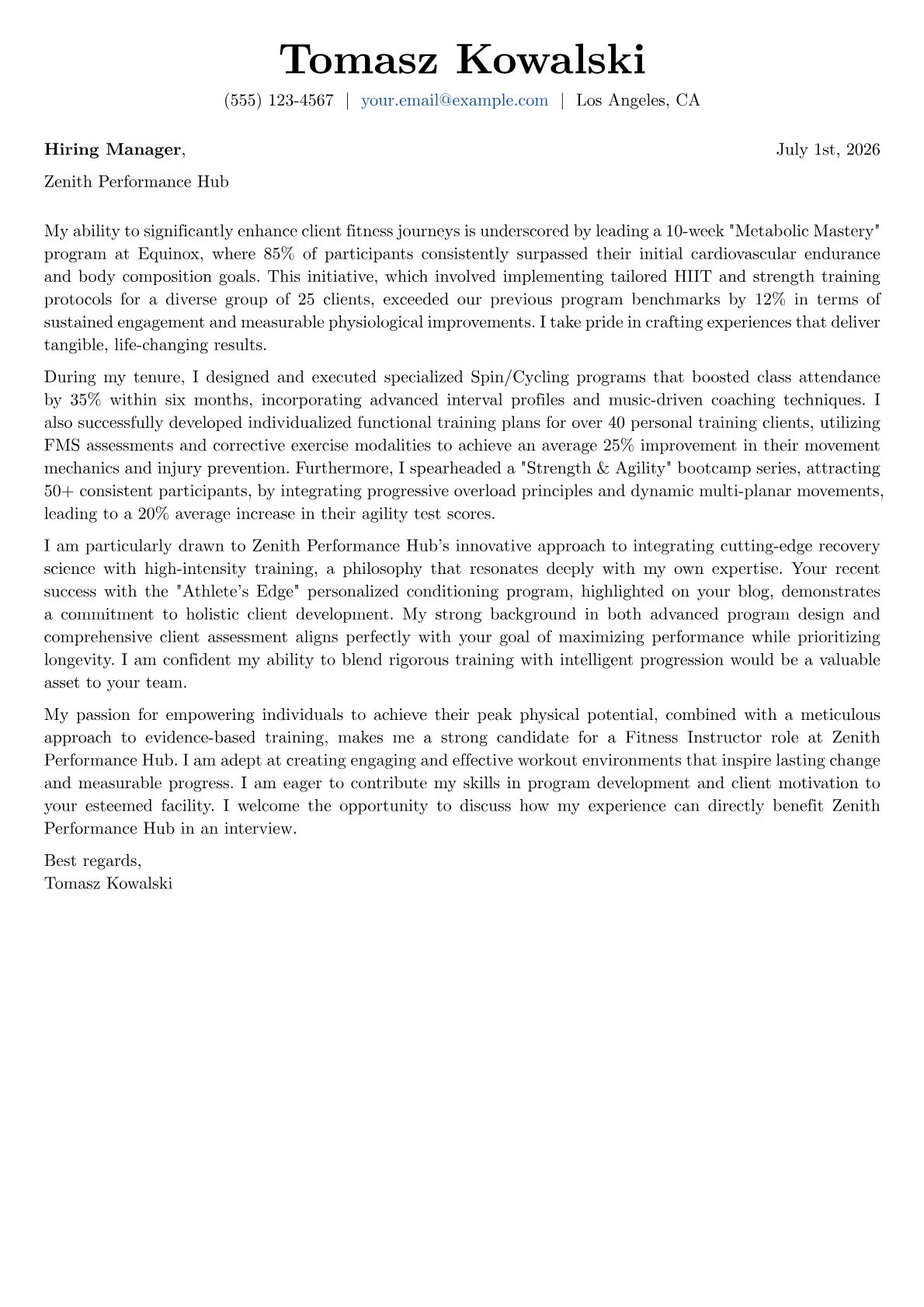 Fitness Instructor cover letter formatted with a JobSprout template