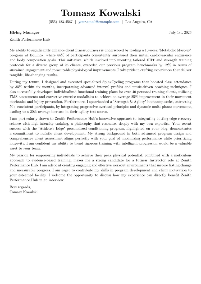 Fitness Instructor Cover Letter Example
