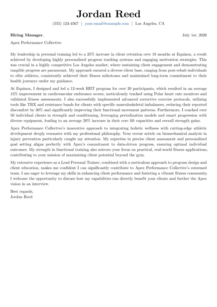 Fitness Trainer Cover Letter Example
