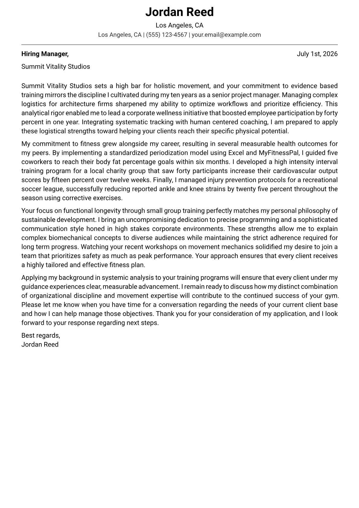 Fitness Trainer cover letter in the Modern design