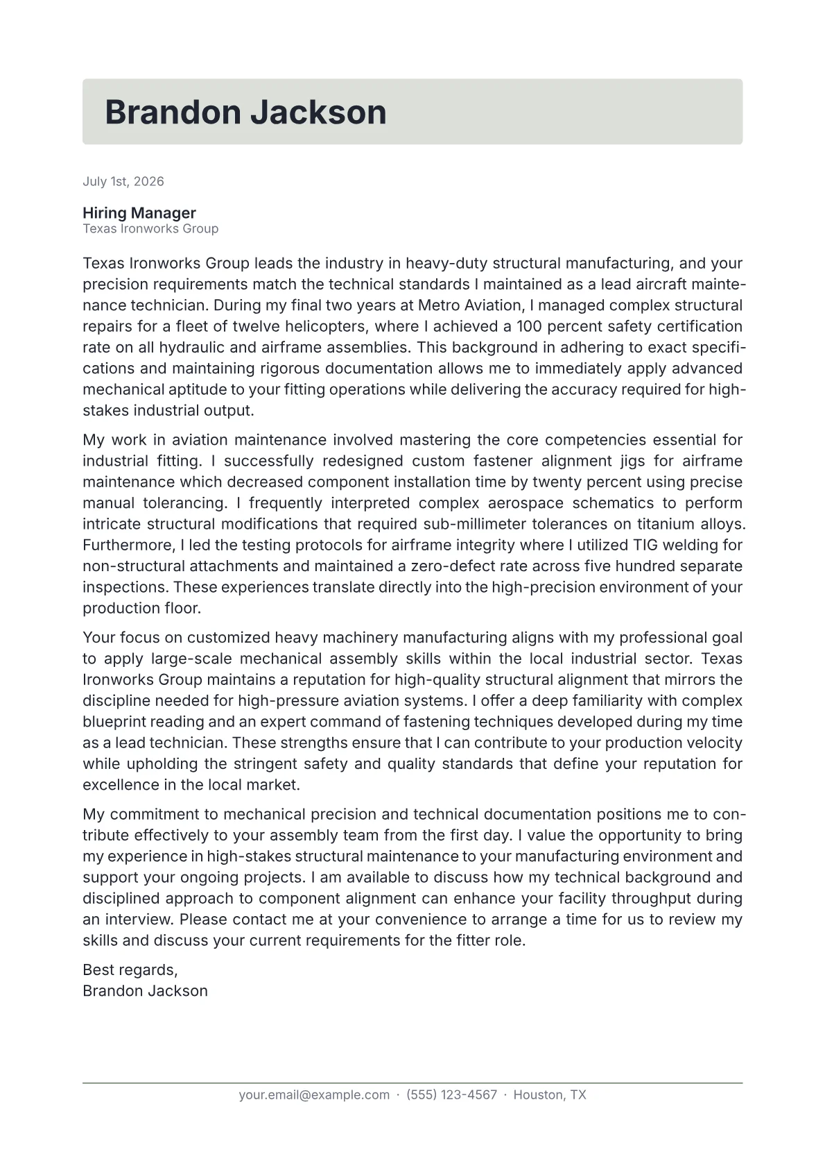 Fitter cover letter in the Letterhead design