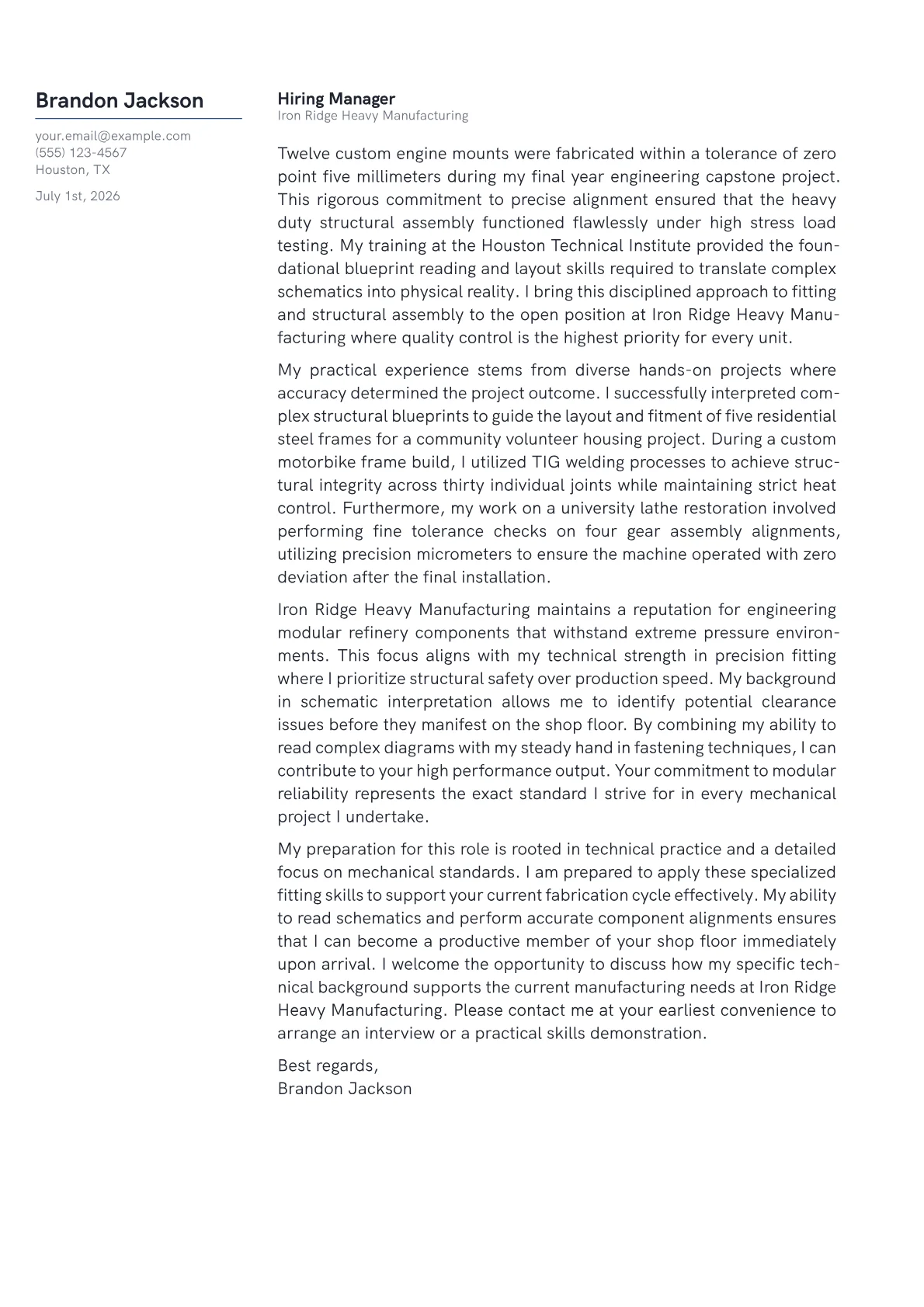 Fitter cover letter in the Margin design