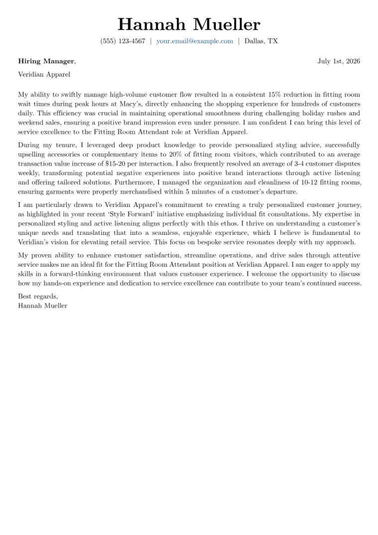 Fitting Room Attendant cover letter example preview
