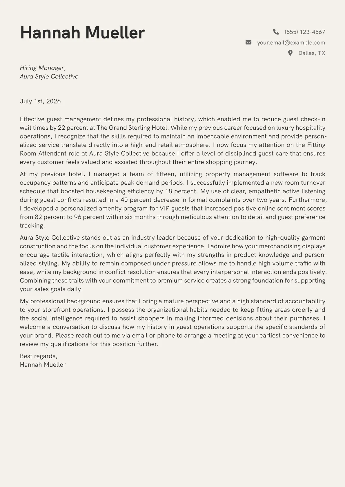 Fitting Room Attendant cover letter in the Creative design