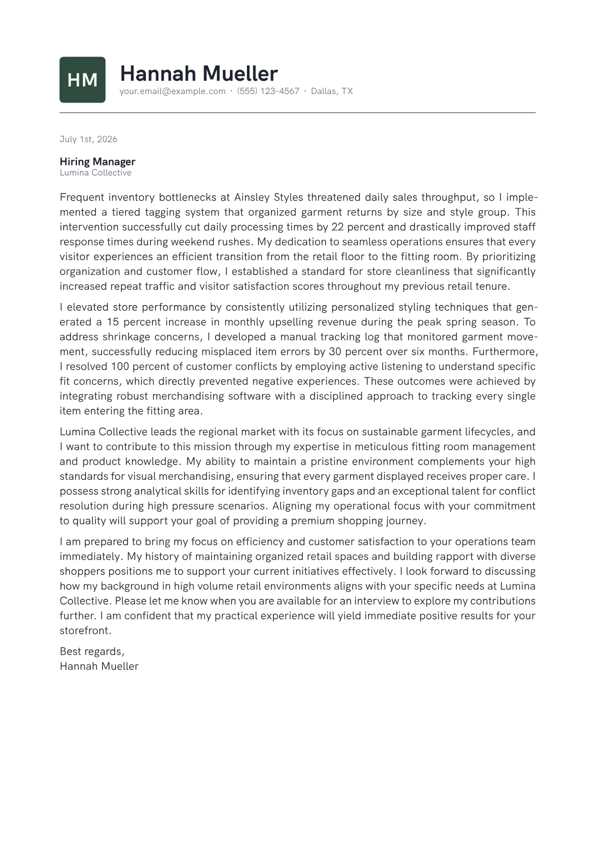 Fitting Room Attendant cover letter in the Emblem design