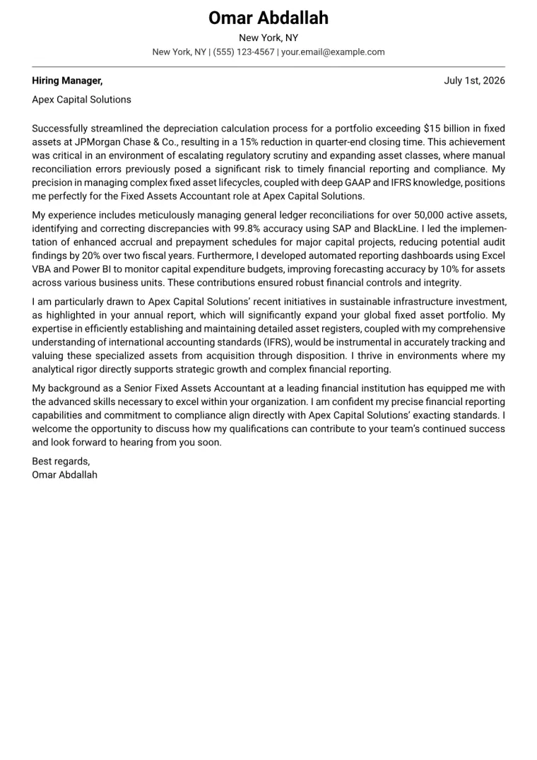 Fixed Assets Accountant cover letter example