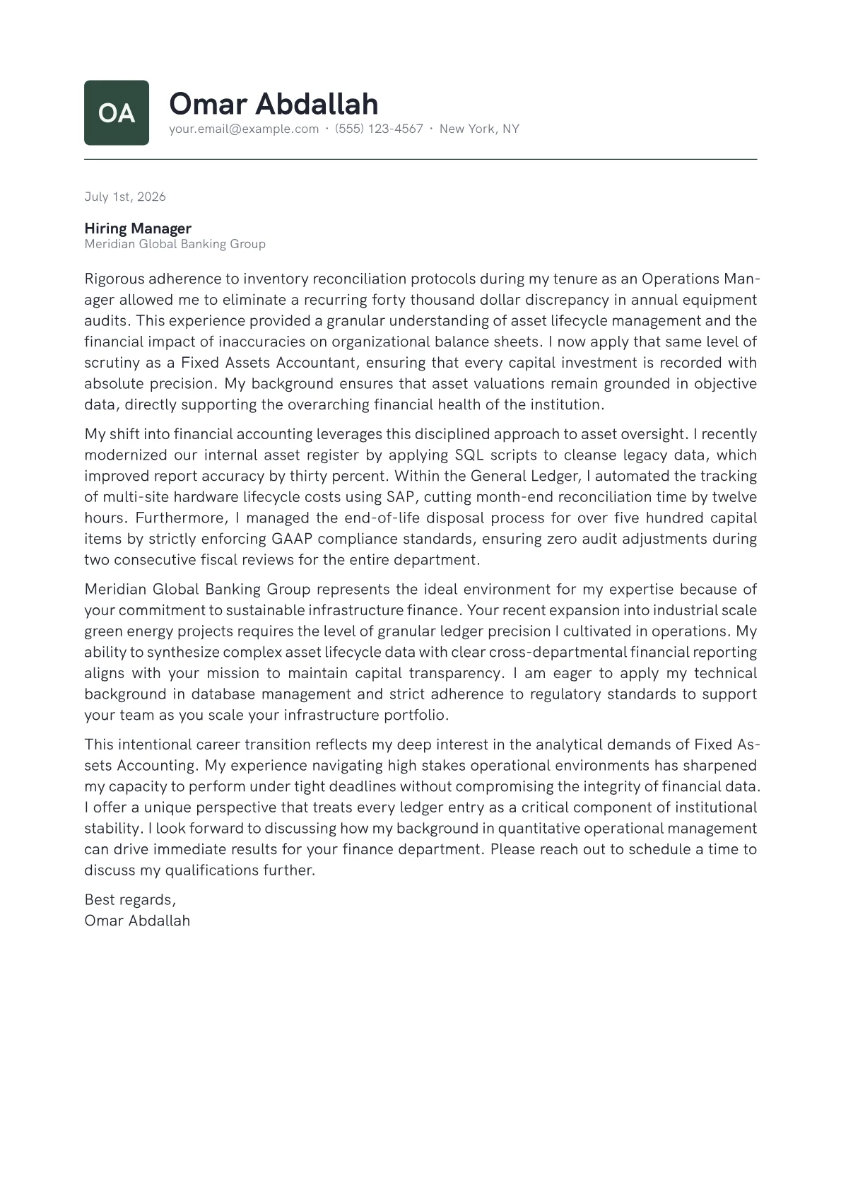 Fixed Assets Accountant cover letter in the Emblem design