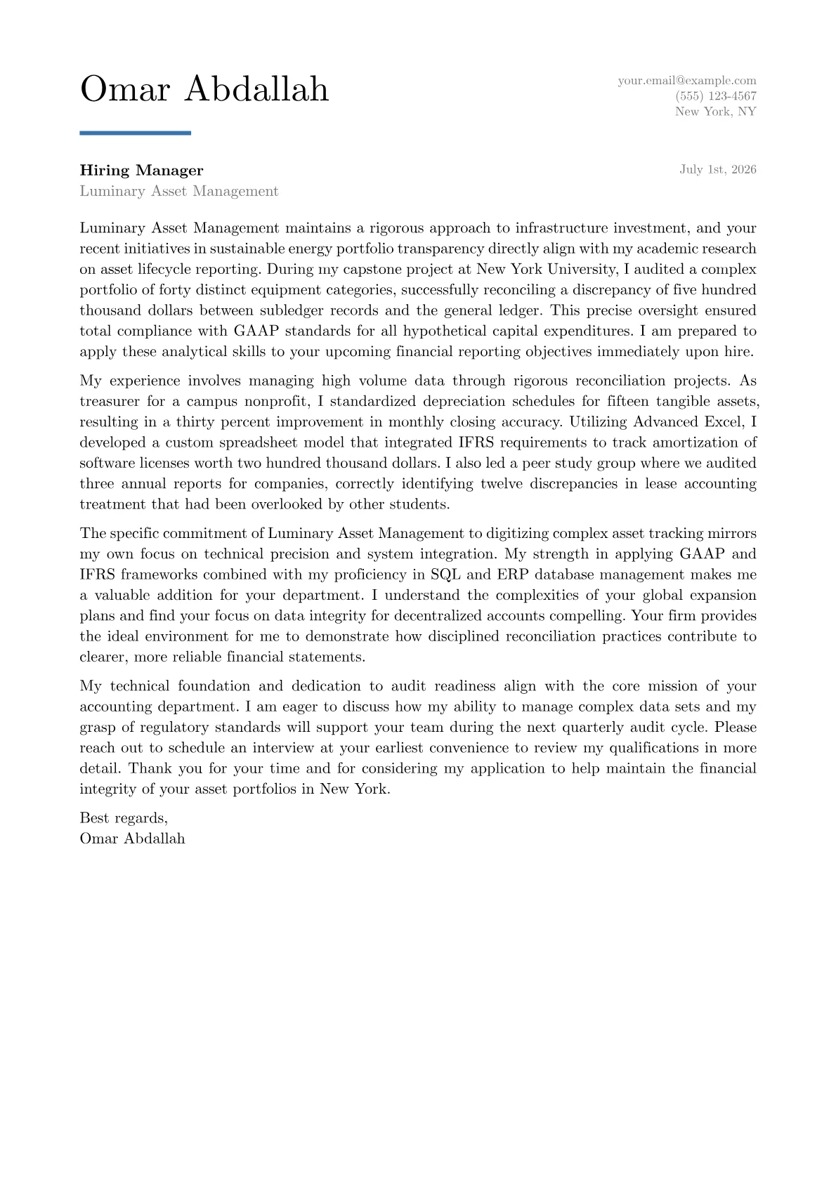 Fixed Assets Accountant cover letter in the Executive design