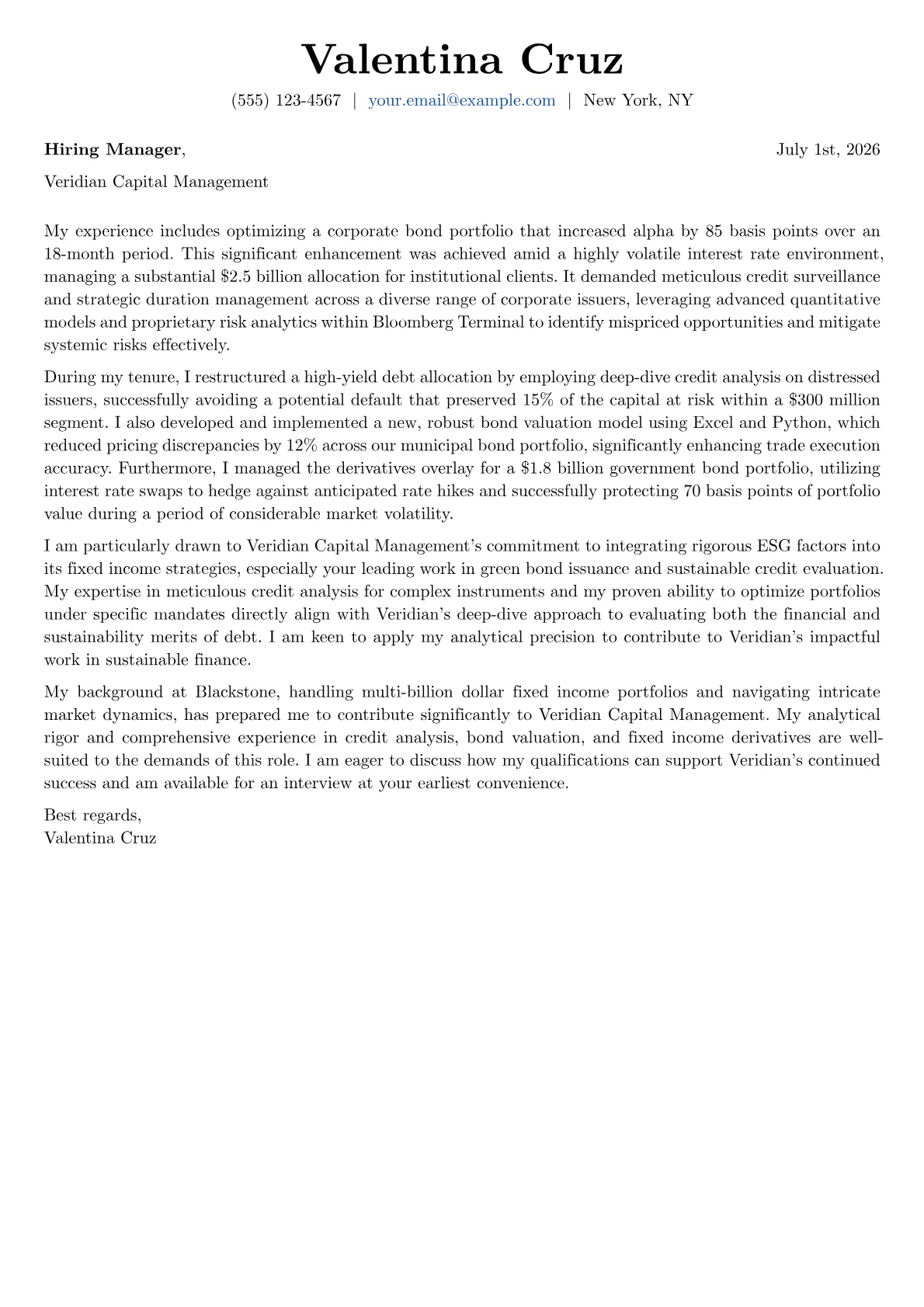 Fixed Income Analyst cover letter formatted with a JobSprout template