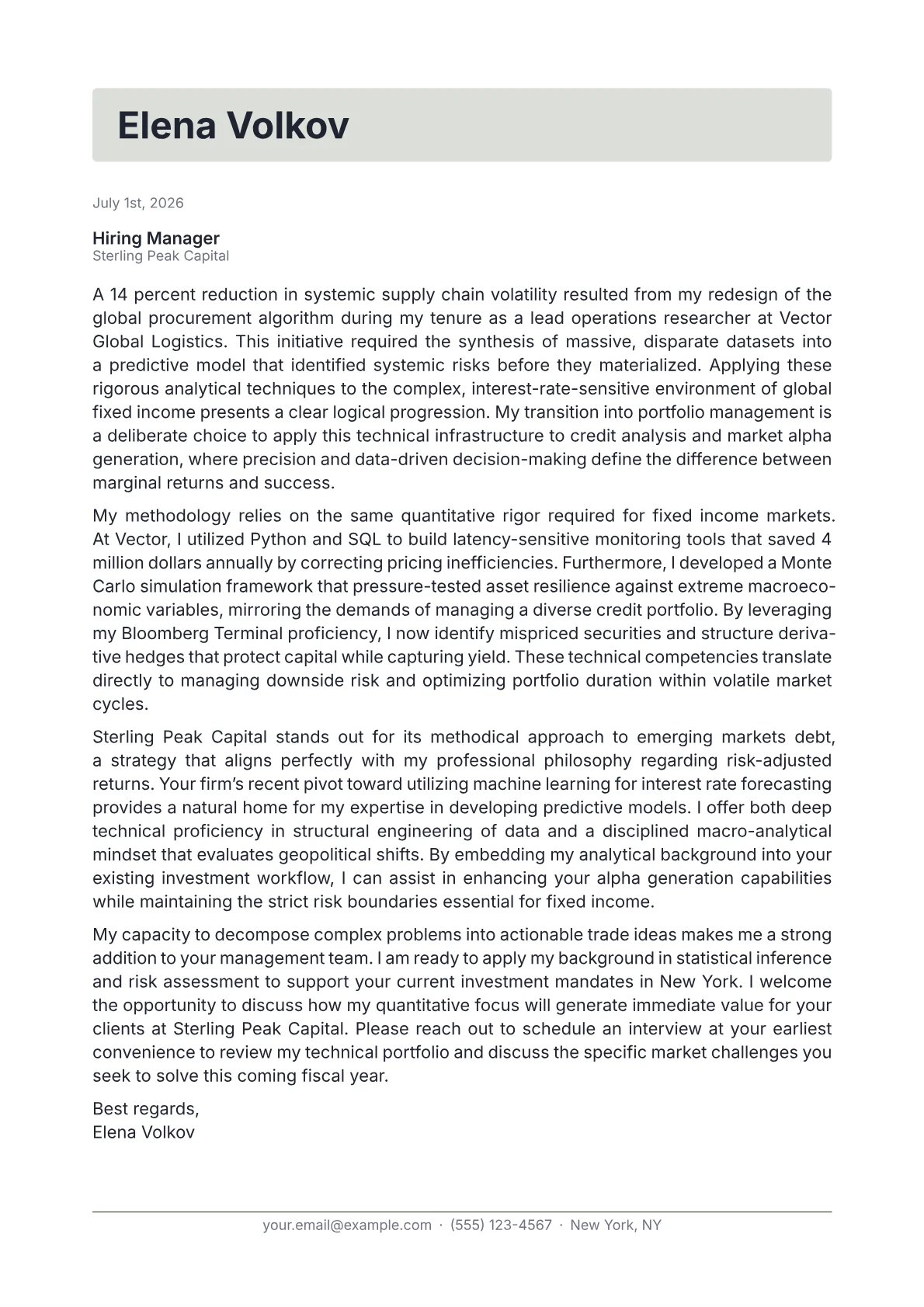 Fixed Income Portfolio Manager cover letter in the Letterhead design
